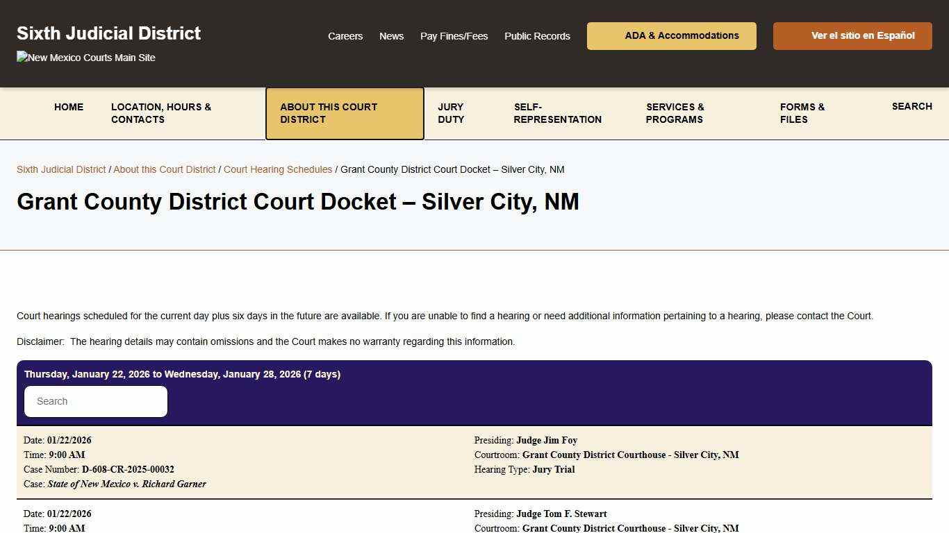 Grant County District Court Docket - Silver City, NM - Sixth Judicial District