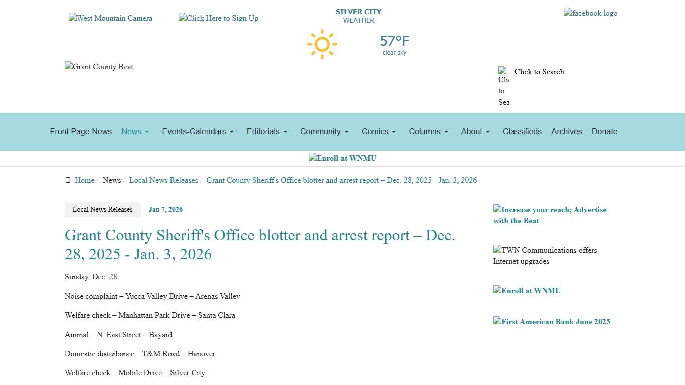 Grant County Sheriff's Office blotter and arrest report – Dec. 28, 2025 - Jan. 3, 2026